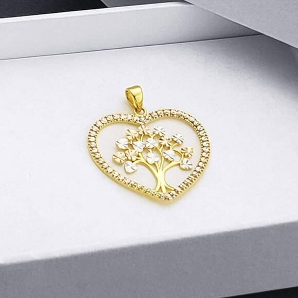 Heart w/ Tree of Life Etz Chaim Charm Pendant 3-Tone 14k Yellow White Rose Gold